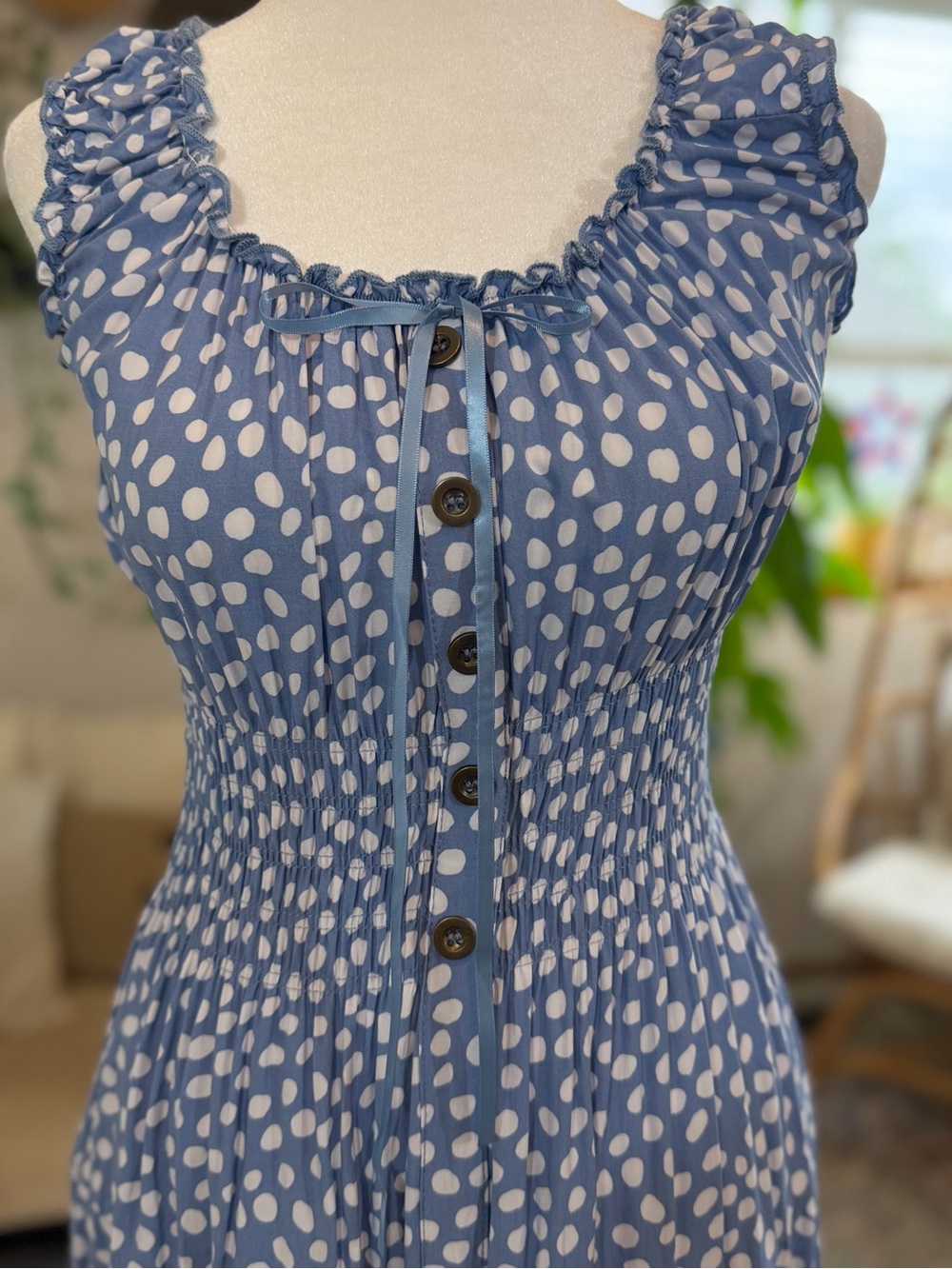 Blue White Polka Dot Boho MILKMAID Dress Peasant Sundress Smocked Maxi Dress S - Picture 6 of 10